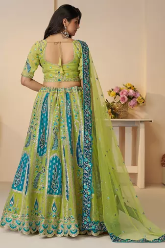 Green Embroidery with Sequin, stone work and sitara embellishments Silk Lehenga with unstiched Blouse