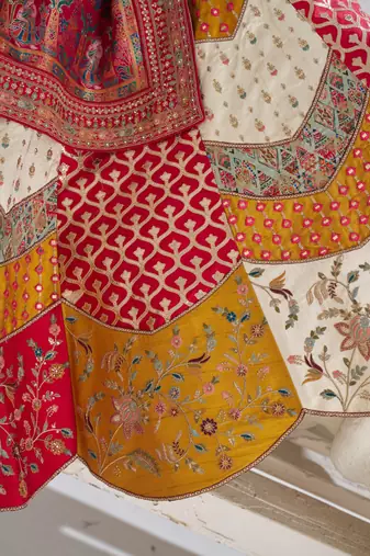 Multicolour Banarsi Mosaic scallop designer bridal lehnga