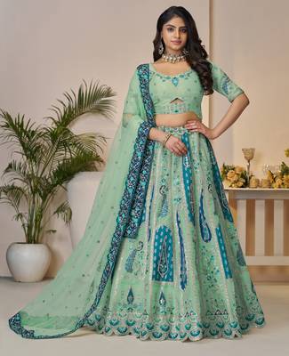Sky Blue Embroidery with Sequin, stone work and sitara embellishments Silk Lehenga with unstiched Blouse 1