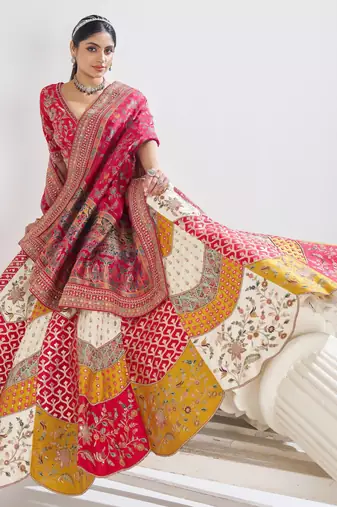 Multicolour Banarsi Mosaic scallop designer bridal lehnga