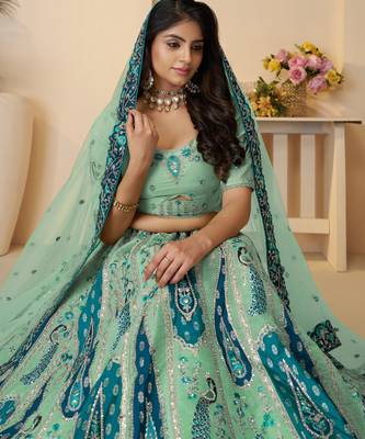 Sky Blue Embroidery with Sequin, stone work and sitara embellishments Silk Lehenga with unstiched Blouse 3
