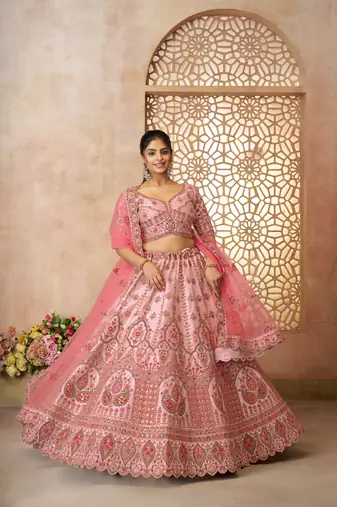 White Imperial Patterned Embroidered Silk Lehenga with Unstiched Blouse