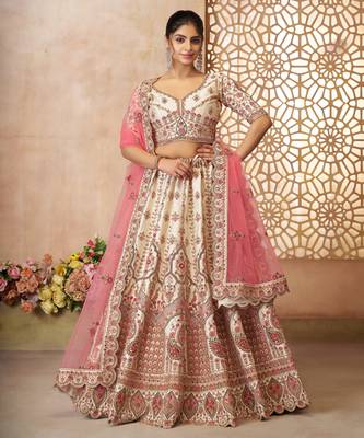 White Imperial Patterned Embroidered Silk Lehenga with Unstiched Blouse 1