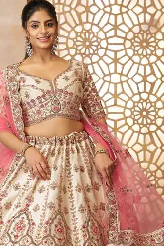 White Imperial Patterned Embroidered Silk Lehenga with Unstiched Blouse