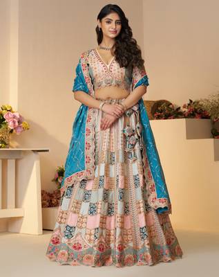 Sky Blue Position print Jaal Patterned party wear Silk lehengas with Sequin & Aari Work with Unstiched Blouse 1