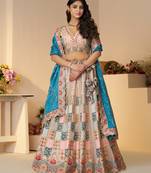 Sky Blue Position print Jaal Patterned party wear Silk lehengas with Sequin & Aari Work with Unstiched Blouse