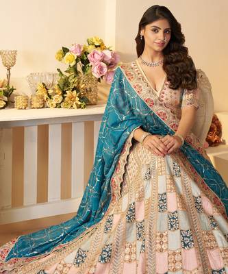 Sky Blue Position print Jaal Patterned party wear Silk lehengas with Sequin & Aari Work with Unstiched Blouse 2