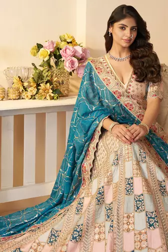 Sky Blue Position print Jaal Patterned party wear Silk lehengas with Sequin & Aari Work with Unstiched Blouse