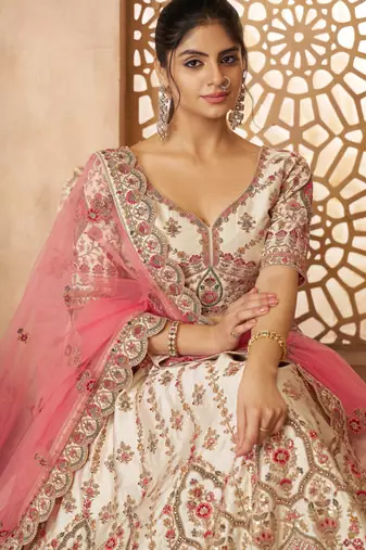 White Imperial Patterned Embroidered Silk Lehenga with Unstiched Blouse