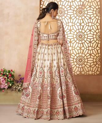 White Imperial Patterned Embroidered Silk Lehenga with Unstiched Blouse 4