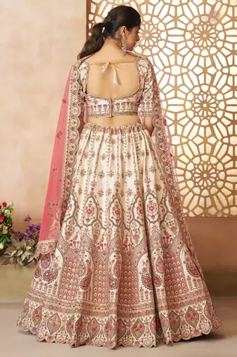 White Imperial Patterned Embroidered Silk Lehenga with Unstiched Blouse
