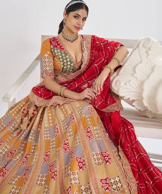 Mustard Position print Jaal Patterned party wear Silk lehengas with Sequin & Aari Work with Unstiched Blouse 1