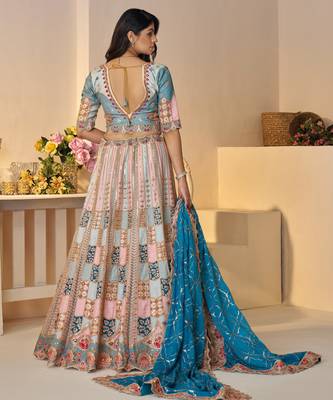 Sky Blue Position print Jaal Patterned party wear Silk lehengas with Sequin & Aari Work with Unstiched Blouse 4
