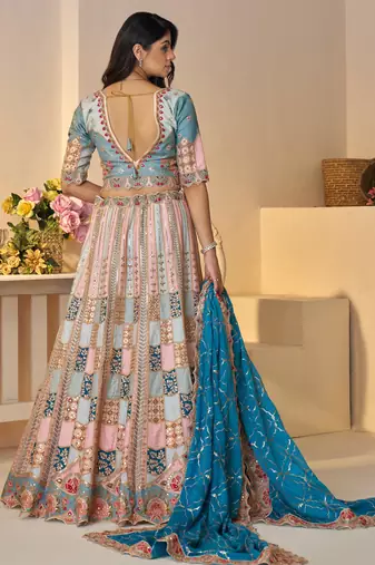 Sky Blue Position print Jaal Patterned party wear Silk lehengas with Sequin & Aari Work with Unstiched Blouse