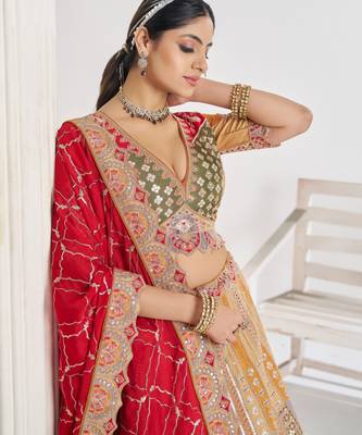 Mustard Position print Jaal Patterned party wear Silk lehengas with Sequin & Aari Work with Unstiched Blouse 2