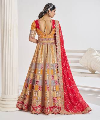 Mustard Position print Jaal Patterned party wear Silk lehengas with Sequin & Aari Work with Unstiched Blouse 3