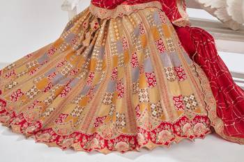 Mustard Position print Jaal Patterned party wear Silk lehengas with Sequin & Aari Work with Unstiched Blouse 4
