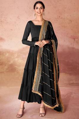 Black faux georgette fabric anarkali gown with dupatta. 1
