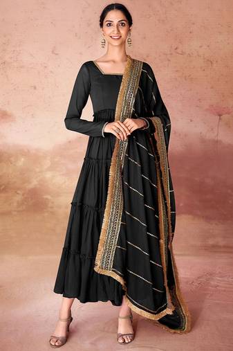 Black faux georgette fabric anarkali gown with dupatta.
