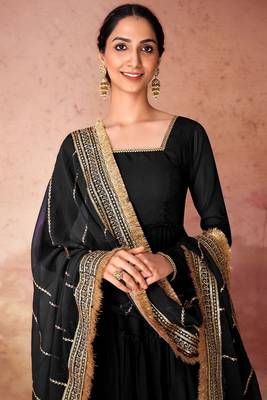 Black faux georgette fabric anarkali gown with dupatta. 2