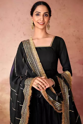 Black faux georgette fabric anarkali gown with dupatta.