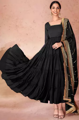 Black faux georgette fabric anarkali gown with dupatta.