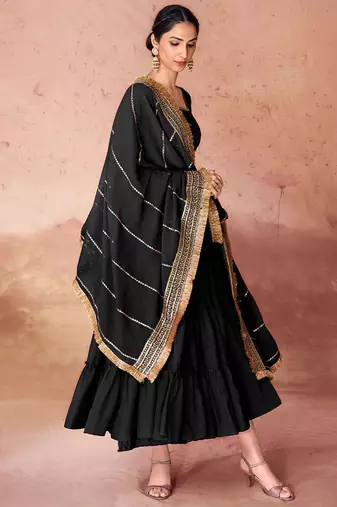Black faux georgette fabric anarkali gown with dupatta.
