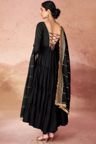 Black faux georgette fabric anarkali gown with dupatta.
