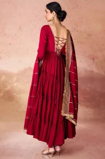 Maroon faux georgette fabric anarkali gown with dupatta.