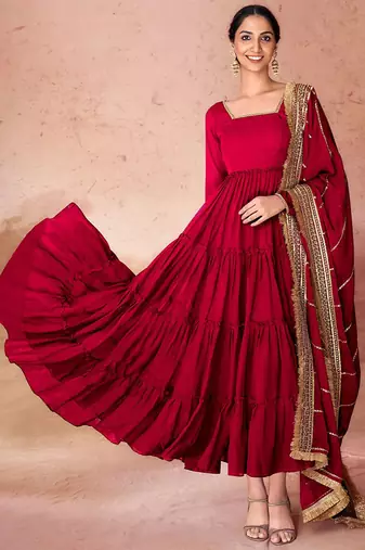 Maroon faux georgette fabric anarkali gown with dupatta.