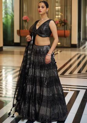 Black Sequine Embroidered work Groegette Fabric wedding wear Lehenga choli with dupatta. 1