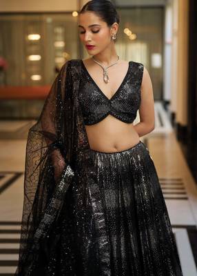 Black Sequine Embroidered work Groegette Fabric wedding wear Lehenga choli with dupatta. 2