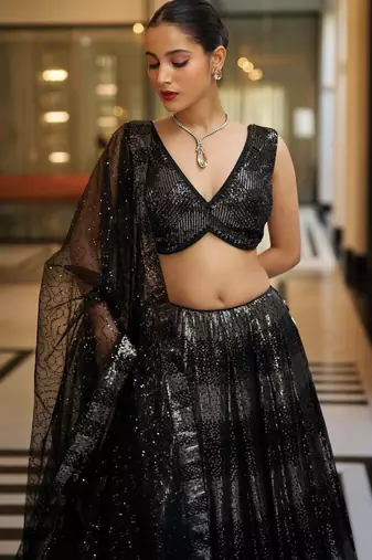Black Sequine Embroidered work Groegette Fabric wedding wear Lehenga choli with dupatta.