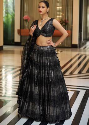 Black Sequine Embroidered work Groegette Fabric wedding wear Lehenga choli with dupatta. 3