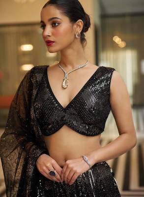 Black Sequine Embroidered work Groegette Fabric wedding wear Lehenga choli with dupatta. 4