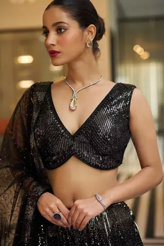 Black Sequine Embroidered work Groegette Fabric wedding wear Lehenga choli with dupatta.