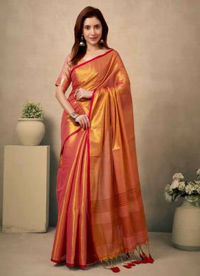 coral contrast weave pallu tissue silk saree with lining blouse 1