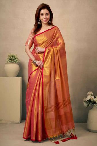 coral contrast weave pallu tissue silk saree with lining blouse