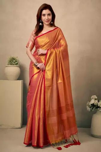 coral contrast weave pallu tissue silk saree with lining blouse