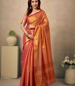 coral contrast weave pallu tissue silk saree with lining blouse