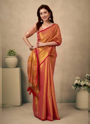 coral contrast weave pallu tissue silk saree with lining blouse 2