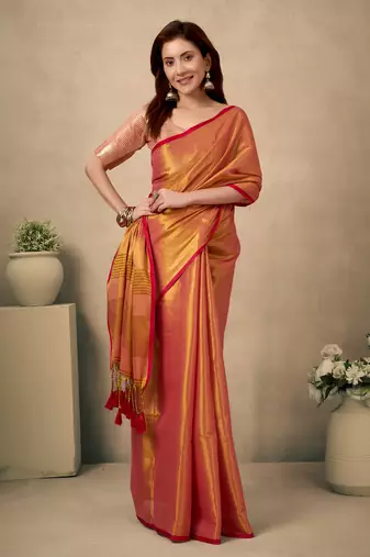 coral contrast weave pallu tissue silk saree with lining blouse