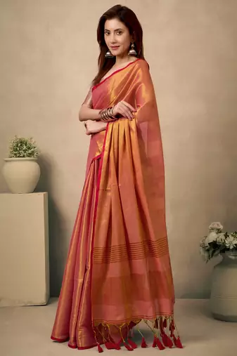 coral contrast weave pallu tissue silk saree with lining blouse