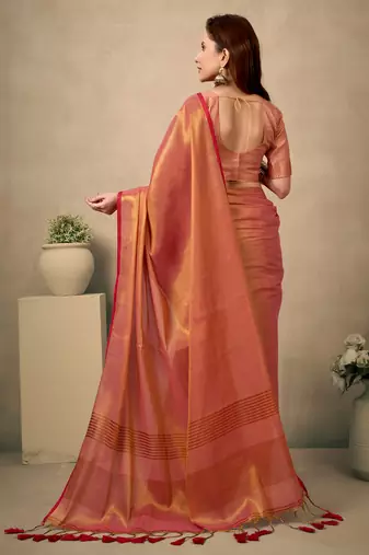 coral contrast weave pallu tissue silk saree with lining blouse