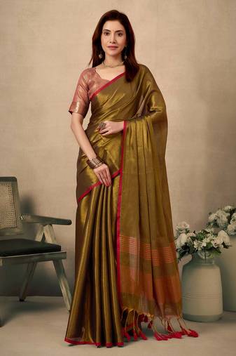 olive contrast weave pallu tissue silk saree with lining blouse