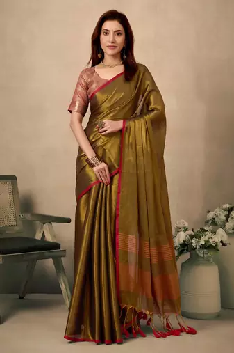 olive contrast weave pallu tissue silk saree with lining blouse
