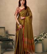 olive contrast weave pallu tissue silk saree with lining blouse