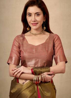 olive contrast weave pallu tissue silk saree with lining blouse 3