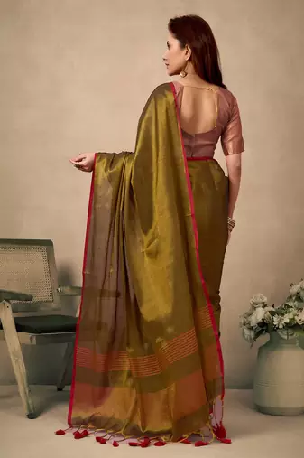 olive contrast weave pallu tissue silk saree with lining blouse