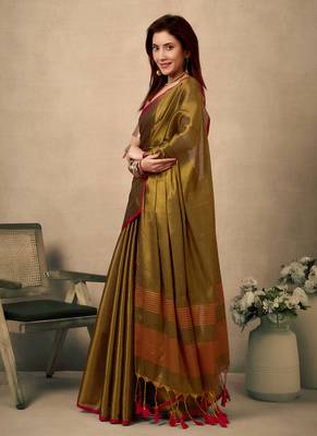 olive contrast weave pallu tissue silk saree with lining blouse 5